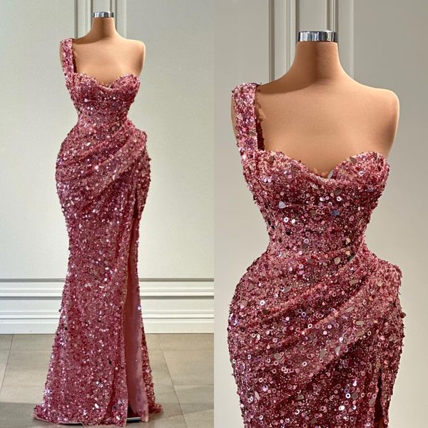 sequins pink evening dresses one shoulder formal mermaid party prom dress pleats thigh slit dresses for special occasion, Black;red
sequins pink evening dresses one shoulder formal mermaid party prom dress pleats thigh slit dresses for special occasion, Black;red