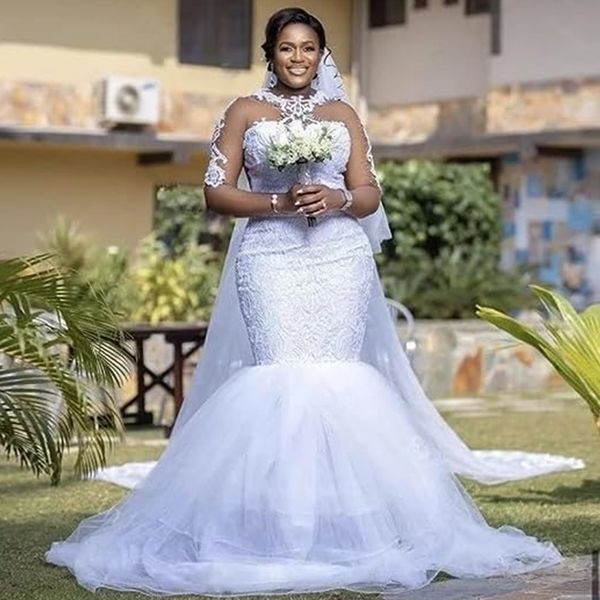 sheer tulle long sleeves bridal gowns women lace mermaid wedding dresses for bride with train plus size, White
sheer tulle long sleeves bridal gowns women lace mermaid wedding dresses for bride with train plus size, White