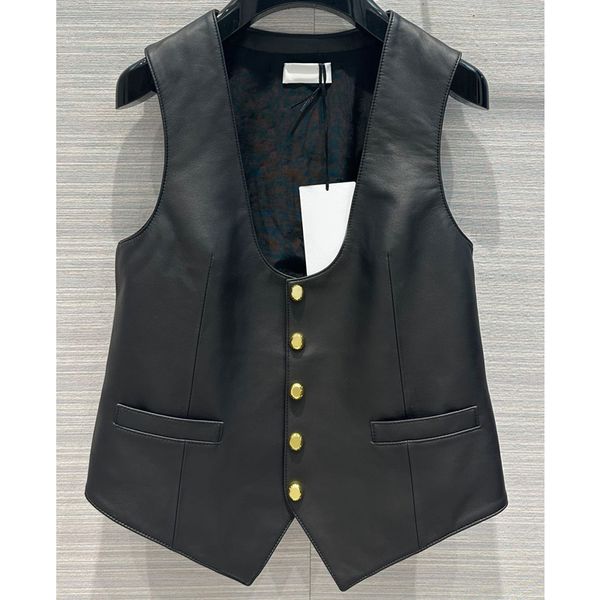 8.3 fashion single breasted u-neck sleeveless sheepskin genuine leather black women's vests, Black;white
8.3 fashion single breasted u-neck sleeveless sheepskin genuine leather black women's vests, Black;white