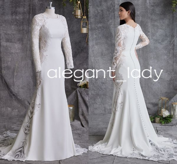 modest illusion lace long sleeve wedding dress with a scalloped train buttons back stain mermaid country bridal gown, White
modest illusion lace long sleeve wedding dress with a scalloped train buttons back stain mermaid country bridal gown, White