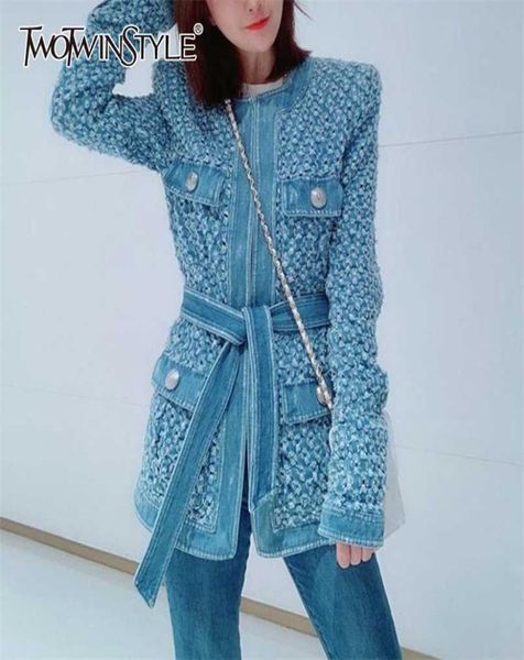 twotwinstyle vintage blue denim jacket with belt waisted ripped hole women coat autumn long sleeve pockets streetwear 2110147414270, Black;brown
twotwinstyle vintage blue denim jacket with belt waisted ripped hole women coat autumn long sleeve pockets streetwear 2110147414270, Black;brown