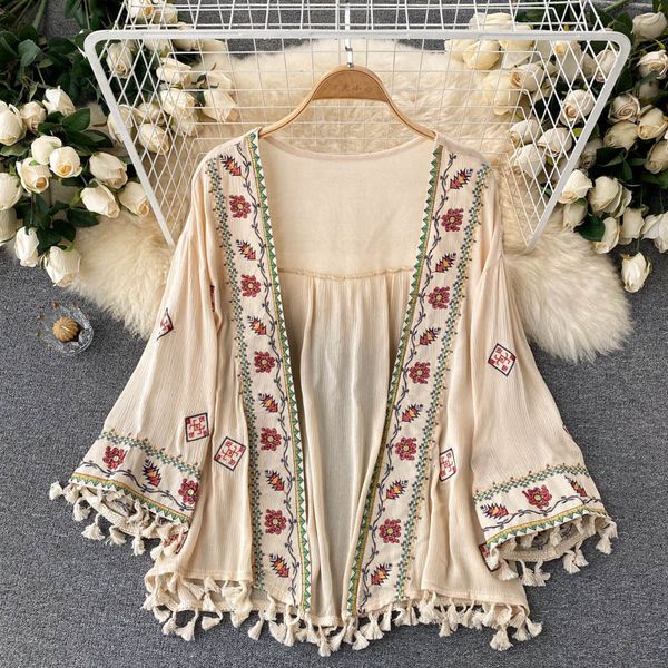 women's blouses shirts 2023 summer shirt bohemian holiday style embroidered tassel chiffon cardigan waist female slim short e015 23080, White
women's blouses shirts 2023 summer shirt bohemian holiday style embroidered tassel chiffon cardigan waist female slim short e015 23080, White