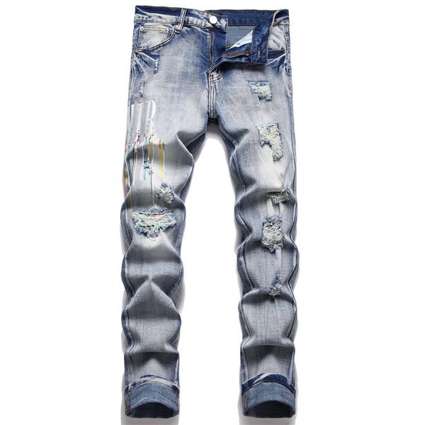 men's jeans, paint embroidery, hole patching, elastic, slim fitting slim-fit pants, versatile men's pants, Blue
men's jeans, paint embroidery, hole patching, elastic, slim fitting slim-fit pants, versatile men's pants, Blue