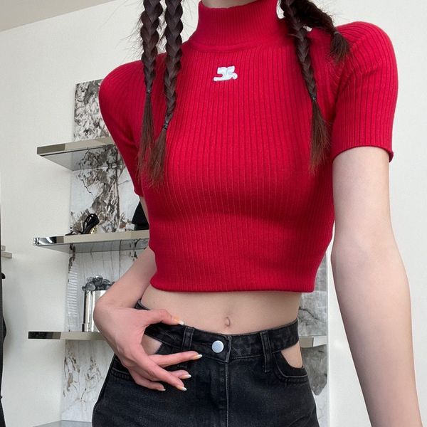 women's knits sping autumn designer half high neck embroidered ribbed slim knit short sleeved tees, White
women's knits sping autumn designer half high neck embroidered ribbed slim knit short sleeved tees, White