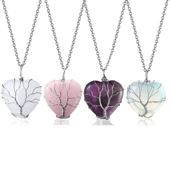 wire wrapped natural stone heart tree of life pendant healing chakra crystal amethyst rose quartz necklace, Silver
wire wrapped natural stone heart tree of life pendant healing chakra crystal amethyst rose quartz necklace, Silver