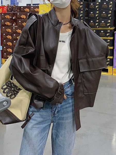 women's jackets stand collar pu leather jacket punk women 2023 autumn winter korean faux coats pockets solid 230802, Black;brown
women's jackets stand collar pu leather jacket punk women 2023 autumn winter korean faux coats pockets solid 230802, Black;brown