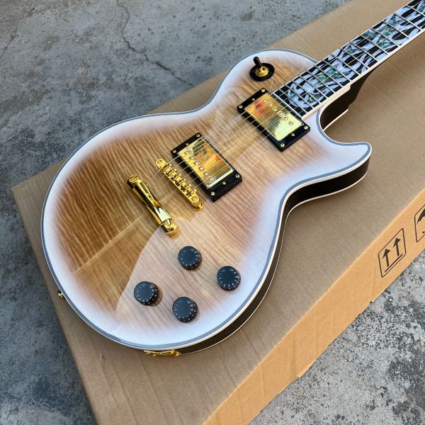 mahogany lp electric guitar with white edge, flame explosion, pink, brown, brown, gold hardware
mahogany lp electric guitar with white edge, flame explosion, pink, brown, brown, gold hardware