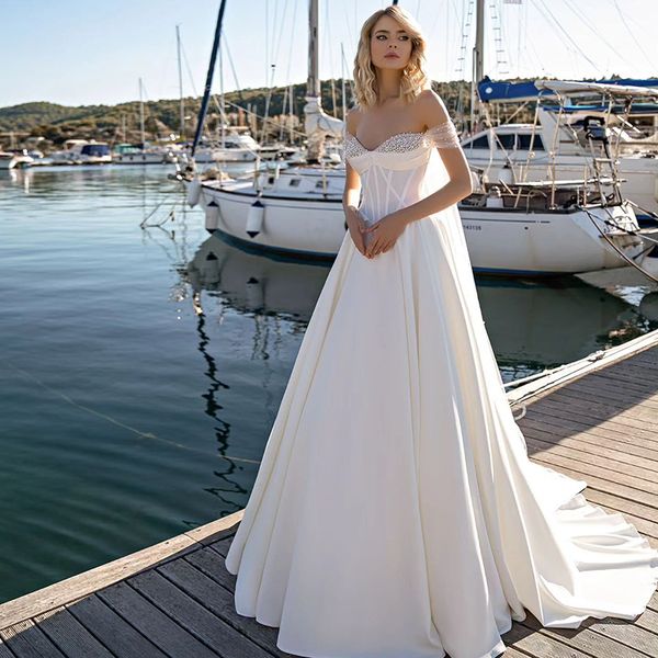 elegant a-line wedding dresses sweetheart pearls bridal dress backless boning satin beach wedding gowns for women, White
elegant a-line wedding dresses sweetheart pearls bridal dress backless boning satin beach wedding gowns for women, White