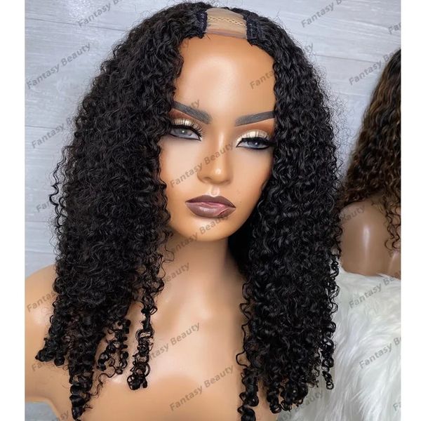 1x4 size u shaped human hair jet black wigs for black women unprocesse 100% human hair 1x4 middle v part 3b afo kinky curly wigs