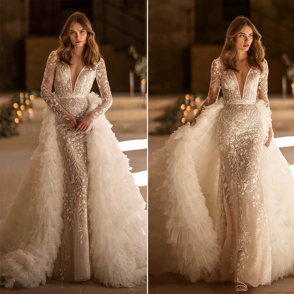 luxury mermaid wedding dresses v neck long sleeves detachable train bridal gowns custom made appliques lace robe de mariee, White
luxury mermaid wedding dresses v neck long sleeves detachable train bridal gowns custom made appliques lace robe de mariee, White