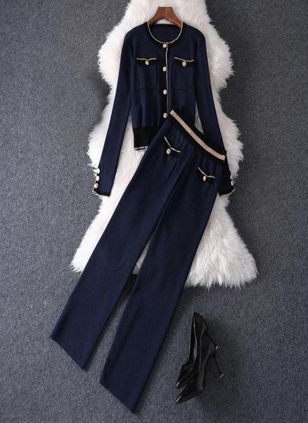 2022 long sleeve round neck blue contrast color knitted pockets cardigans panelled buttons long pants two piece 2 pieces set3762136, White
2022 long sleeve round neck blue contrast color knitted pockets cardigans panelled buttons long pants two piece 2 pieces set3762136, White