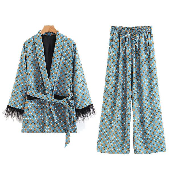 women's two piece pants pink blue blazer set women fashion print suit jacket with feather sleeves elastic band wide leg pants two piece, White
women's two piece pants pink blue blazer set women fashion print suit jacket with feather sleeves elastic band wide leg pants two piece, White