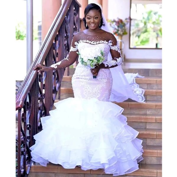 arabic aso ebi plus size bridal gowns lace crystals long sleeves wedding dress sheer neck pearls beaded tiers bridal dress, White
arabic aso ebi plus size bridal gowns lace crystals long sleeves wedding dress sheer neck pearls beaded tiers bridal dress, White
