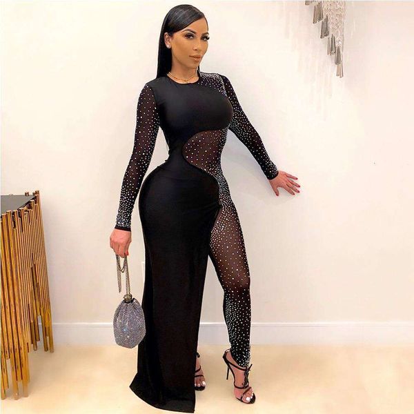 selling womens clothing high elastic terrene net diamond jumpsuit dress, Black;gray