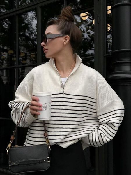 women's sweaters striped printed sweater women 2023 winter half high collar zipper long sleeve loose pullover female fashion casual lad, White;black
women's sweaters striped printed sweater women 2023 winter half high collar zipper long sleeve loose pullover female fashion casual lad, White;black