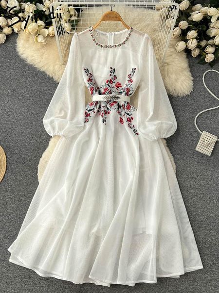 

Casual Dresses Syiwidii Embroidery White Dress for Women Mesh Embroidered Flares Puff Sleeve O Neck Elegant High Waisted A Line, Creamy-white