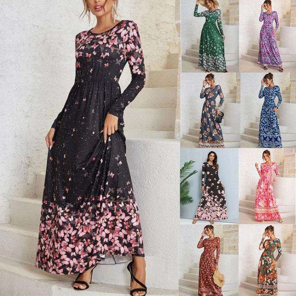 womens clothing print flower long sleeve dress, Black;gray