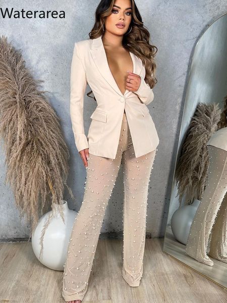 women s two piece pants waterarea blazer suit with beaded mesh see through trousers 2 set winter suits for women office wear 230803, White
women s two piece pants waterarea blazer suit with beaded mesh see through trousers 2 set winter suits for women office wear 230803, White