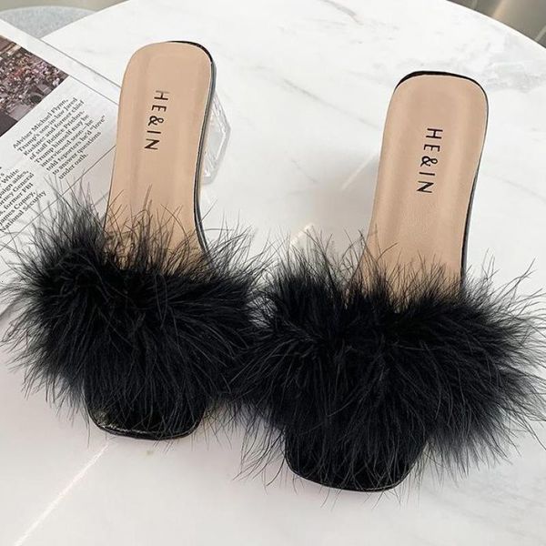 slippers summer fluffy peep toe high heels women fur lady fashion wedding slip on pink ytmtloy house slippers zapatillas mujer 230802, Black