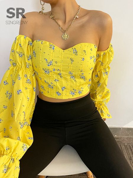 women's blouses shirts singreiny korean strapless floral blouse elastic ruched slim long sleeve off shoulder short blouser autumn 23080, White
women's blouses shirts singreiny korean strapless floral blouse elastic ruched slim long sleeve off shoulder short blouser autumn 23080, White
