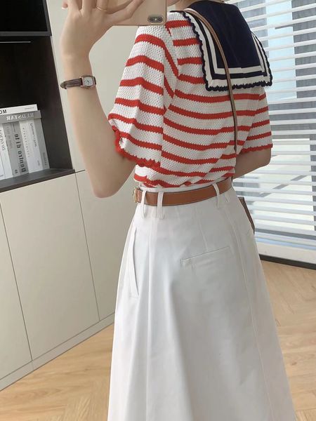 women's sweater striped contrast sailor collar short sleeve slim bow pullover casual 230803, White;black
women's sweater striped contrast sailor collar short sleeve slim bow pullover casual 230803, White;black