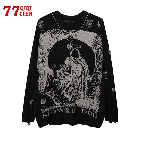 men's sweaters harajuku knitted sweater men with chain street hip hop holy mother of death pattern hole ripped pullovers jumper loose 2, White;black
men's sweaters harajuku knitted sweater men with chain street hip hop holy mother of death pattern hole ripped pullovers jumper loose 2, White;black