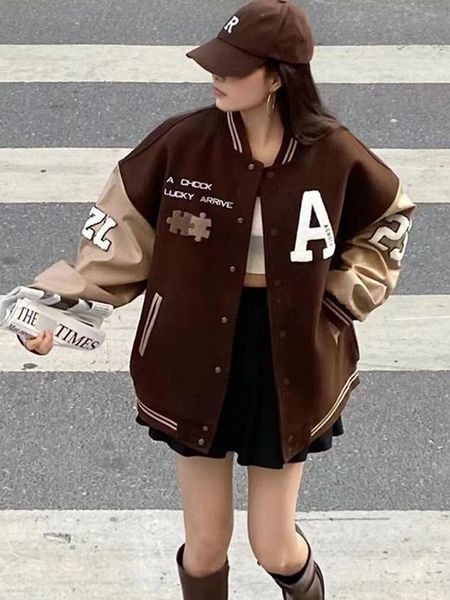 women's jackets stylish bomber jacket american retro letter printed coats female casual loose varsity lady chic patchwork outwear 23080, Black;brown
women's jackets stylish bomber jacket american retro letter printed coats female casual loose varsity lady chic patchwork outwear 23080, Black;brown