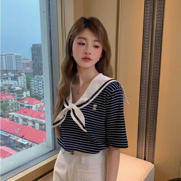 23ss new womens t shirt fashion navy collar knotted sequins college style short sleeved r t shirt summer slim striped waffle embroidery tee, White
23ss new womens t shirt fashion navy collar knotted sequins college style short sleeved r t shirt summer slim striped waffle embroidery tee, White