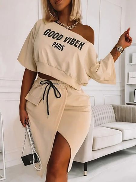 women's plus size pants lw two piece good viber one shoulder letter print set crop igh split skirt elegant matching outfits for women 2, Black
women's plus size pants lw two piece good viber one shoulder letter print set crop igh split skirt elegant matching outfits for women 2, Black
