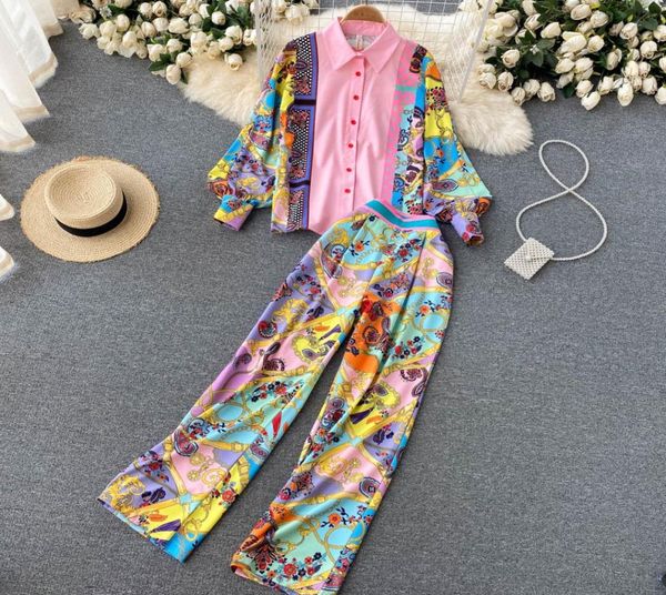 french retro highend printing elegant women039s two piece pants temperament loose shirt high waist wide leg trousers western s8246963, White
french retro highend printing elegant women039s two piece pants temperament loose shirt high waist wide leg trousers western s8246963, White