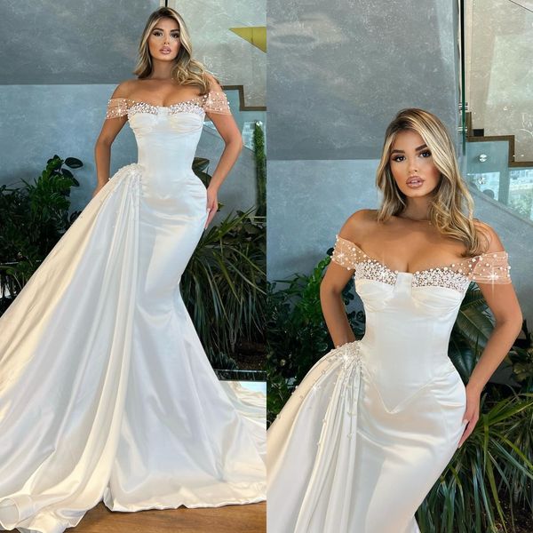 glamourous satin mermaid wedding dresses illusion pearls off shoulder wedding dress sweep train robe de mariee bridal gowns, White
glamourous satin mermaid wedding dresses illusion pearls off shoulder wedding dress sweep train robe de mariee bridal gowns, White