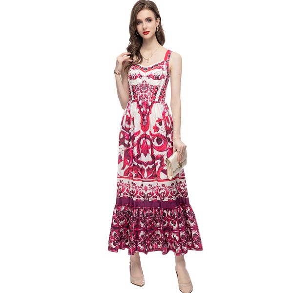 women's runway dresses spaghetti straps v neck sleeveless ruffles printed high street summer holiday vestidos, Black
women's runway dresses spaghetti straps v neck sleeveless ruffles printed high street summer holiday vestidos, Black