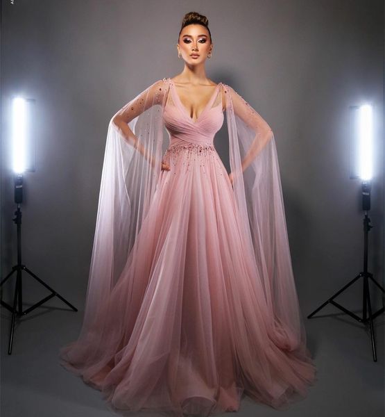 women's long pink beaded lace prom dresses robe de soiree a-line pleats tulle v-neck floor length formal party dresses with cape, Black
women's long pink beaded lace prom dresses robe de soiree a-line pleats tulle v-neck floor length formal party dresses with cape, Black