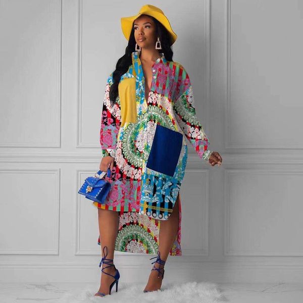 womens spring print loose lapel shirt dress, Black;gray
womens spring print loose lapel shirt dress, Black;gray