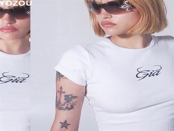 women gia letters embroidery short sleeve ribbed tshirt tee crop cropped tee vintage 90s casual solid summer tee for women 2108412332, White
women gia letters embroidery short sleeve ribbed tshirt tee crop cropped tee vintage 90s casual solid summer tee for women 2108412332, White
