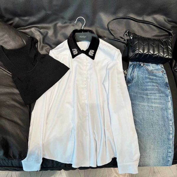 23 early spring handmade beaded letter style contrast velvet collar versatile casual long sleeve shirt for women, White
23 early spring handmade beaded letter style contrast velvet collar versatile casual long sleeve shirt for women, White