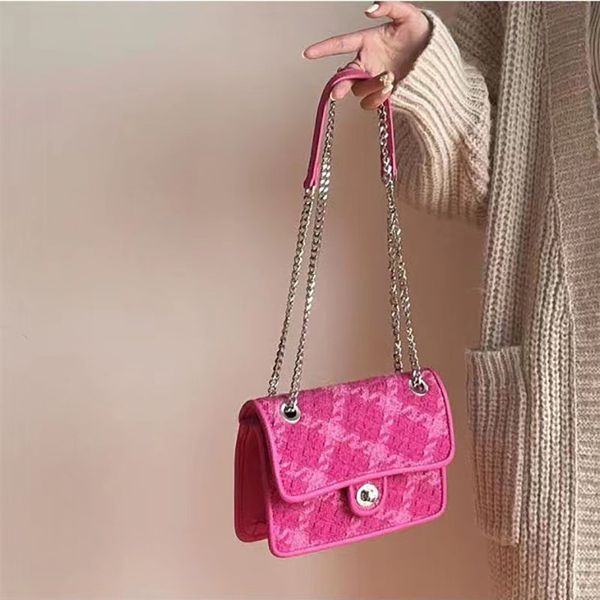 fashion designer bag lovely pink tweed handbag mini chain crossbody bags woven knitting distressed candy color diamond lattice small flap ba