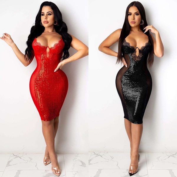 autumn and winter womens dress nightclub suspended dresses sequined lace, Black;gray