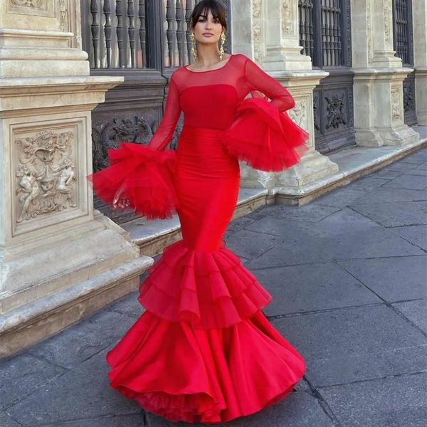 flare sleeve mermaid evening dresses scoop neck ruffes tiered bottom formal gown layered train dance dress, Black;red
flare sleeve mermaid evening dresses scoop neck ruffes tiered bottom formal gown layered train dance dress, Black;red