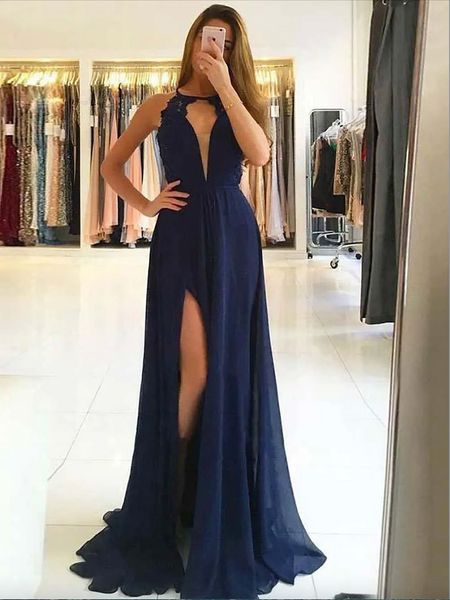 new sleeveless scoop a line lace straps backless evening gown navy blue dress party long simple high slit chiffon prom dress, Black;red
new sleeveless scoop a line lace straps backless evening gown navy blue dress party long simple high slit chiffon prom dress, Black;red