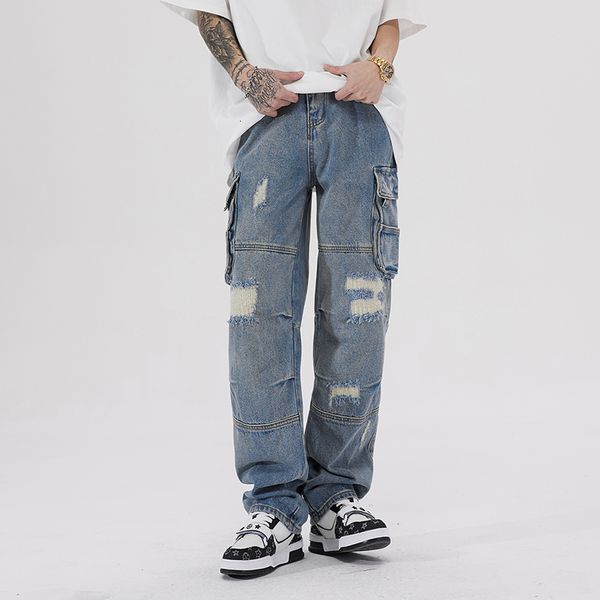 men s jeans high street multiple pockets spliced washed light blue denim mens 230804
men s jeans high street multiple pockets spliced washed light blue denim mens 230804