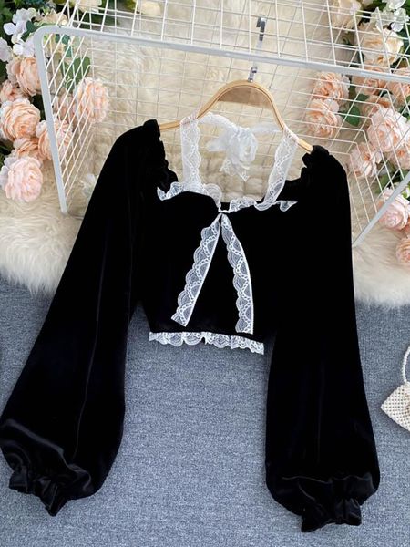 women's blouses shirts halter lace patchwork short blouse for women casual puff sleeve velvet shirt female black fashion autumn winter, White
women's blouses shirts halter lace patchwork short blouse for women casual puff sleeve velvet shirt female black fashion autumn winter, White