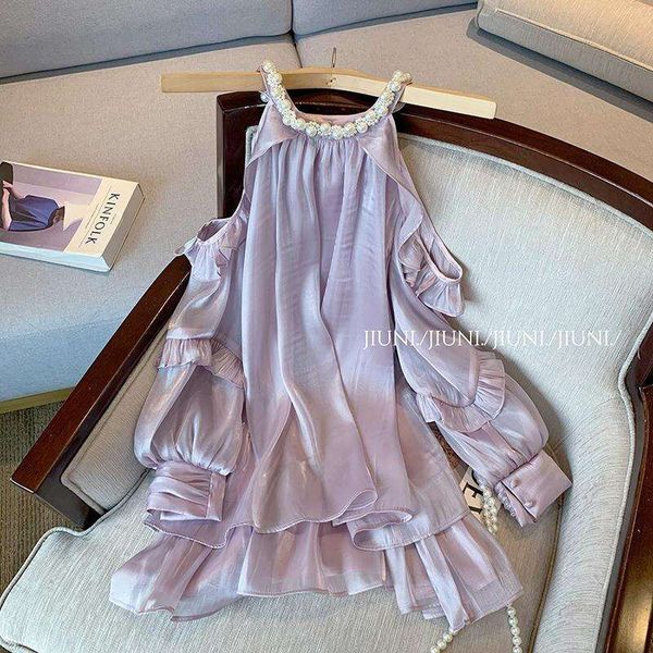 french high grade purple pearl neck satin dress for women summer style temperament fairy off shoulder, Black;gray
french high grade purple pearl neck satin dress for women summer style temperament fairy off shoulder, Black;gray