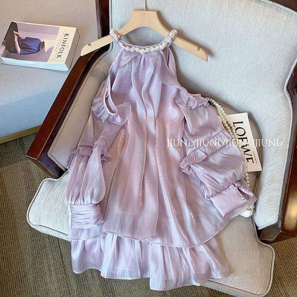 french high grade purple pearl neck satin dress for women summer style temperament fairy off shoulder, Black;gray
french high grade purple pearl neck satin dress for women summer style temperament fairy off shoulder, Black;gray