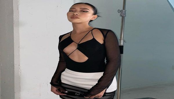 women039s tshirt 2021 long sleeve black mesh see through patchwork bodysuits party clubwear hollow out low cut jumpsuits rompe3083303, White 
women039s tshirt 2021 long sleeve black mesh see through patchwork bodysuits party clubwear hollow out low cut jumpsuits rompe3083303, White