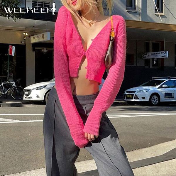women's knits tees weekeep pink kawaii cropped sweater autumn y2k aesthetic long sleeve button up knitted cardigan women casual harajuk, White
women's knits tees weekeep pink kawaii cropped sweater autumn y2k aesthetic long sleeve button up knitted cardigan women casual harajuk, White