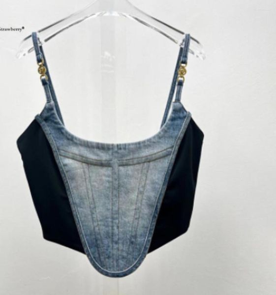 spliced fish bone denim strap tank crop women's summer open back short outwear top, White
spliced fish bone denim strap tank crop women's summer open back short outwear top, White