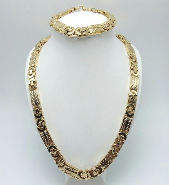 11mm width fashion silver stainless steel necklace and bracelet customized 18k gold plated flat byzantine jewelry set for men4997975
11mm width fashion silver stainless steel necklace and bracelet customized 18k gold plated flat byzantine jewelry set for men4997975