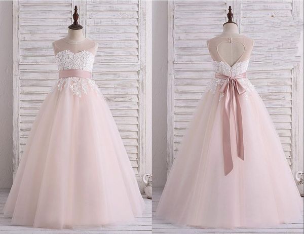 cute blush designer flower girls dresses 2022 sheer neck lace applique keyhole back floor length first communion dress 132782, White;blue
cute blush designer flower girls dresses 2022 sheer neck lace applique keyhole back floor length first communion dress 132782, White;blue