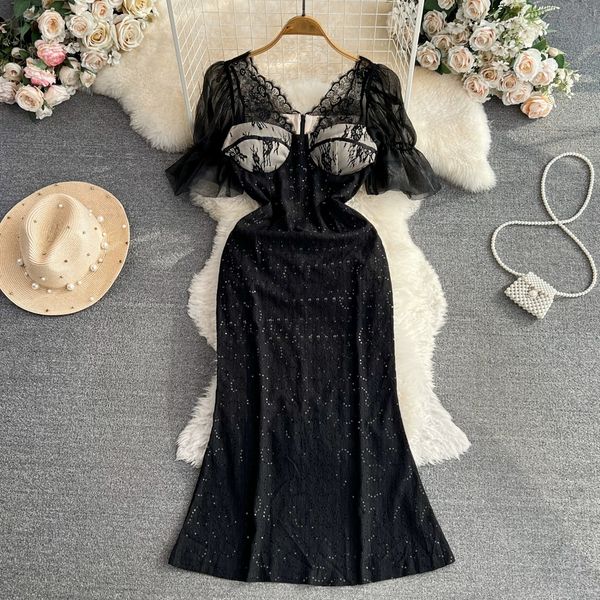 french celebrity style dress bubble sleeves v-neck waist wrapped slim mid length lace wrapped hip fishtail dress, Black;gray
french celebrity style dress bubble sleeves v-neck waist wrapped slim mid length lace wrapped hip fishtail dress, Black;gray